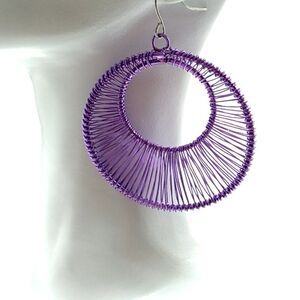 Purple Wrapped String Art Open Circle Drop Earrings